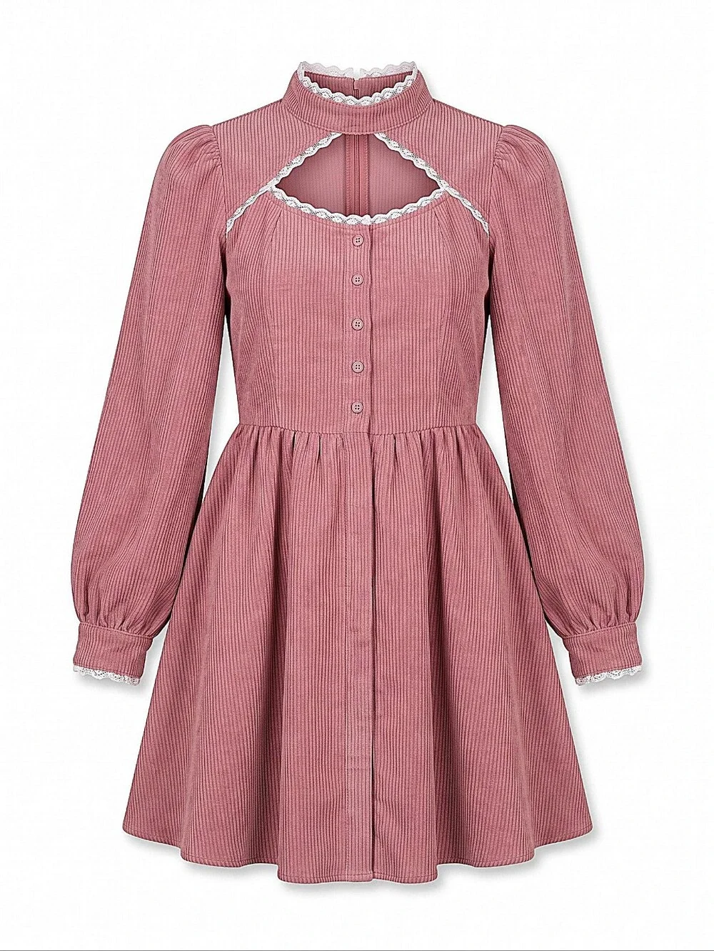 NEW! Shein Vintage-Inspired Rose Pink Corduroy Dress with Lace Trim